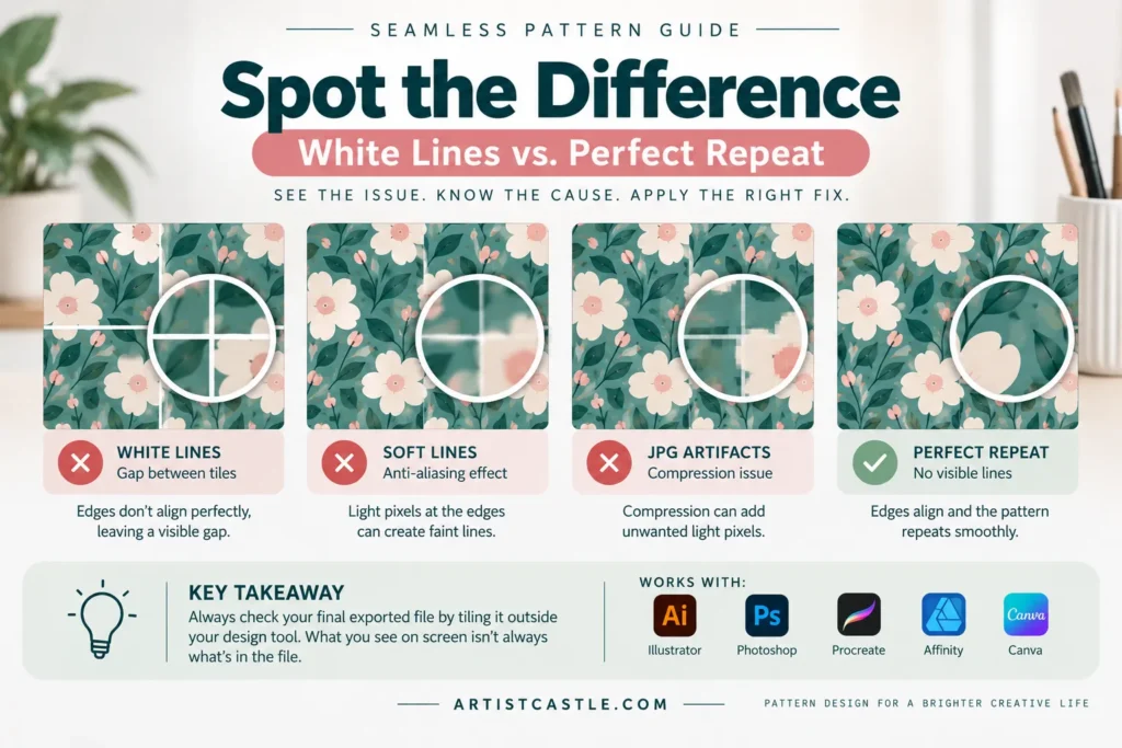Visual comparison of white gaps, soft edge lines, JPEG artifacts and a clean seamless pattern repeat.