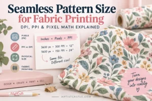 Seamless pattern size for fabric printing guide explaining DPI, PPI, pixels and physical print size.