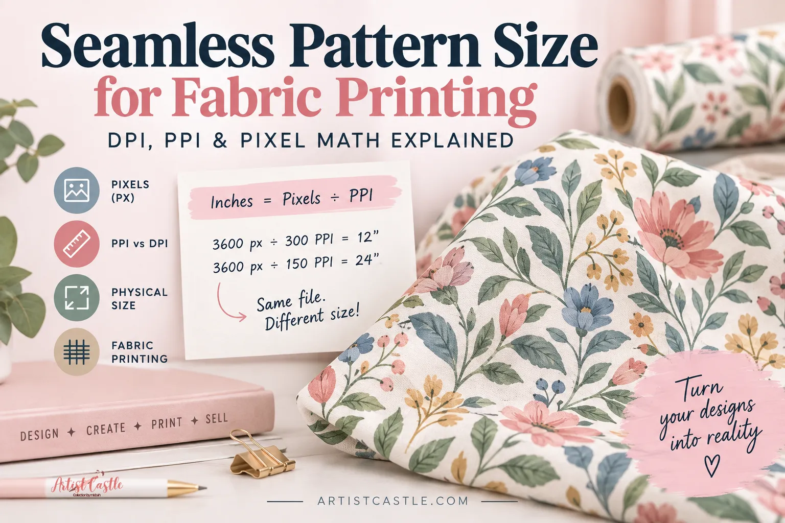 Seamless pattern size for fabric printing guide explaining DPI, PPI, pixels and physical print size.