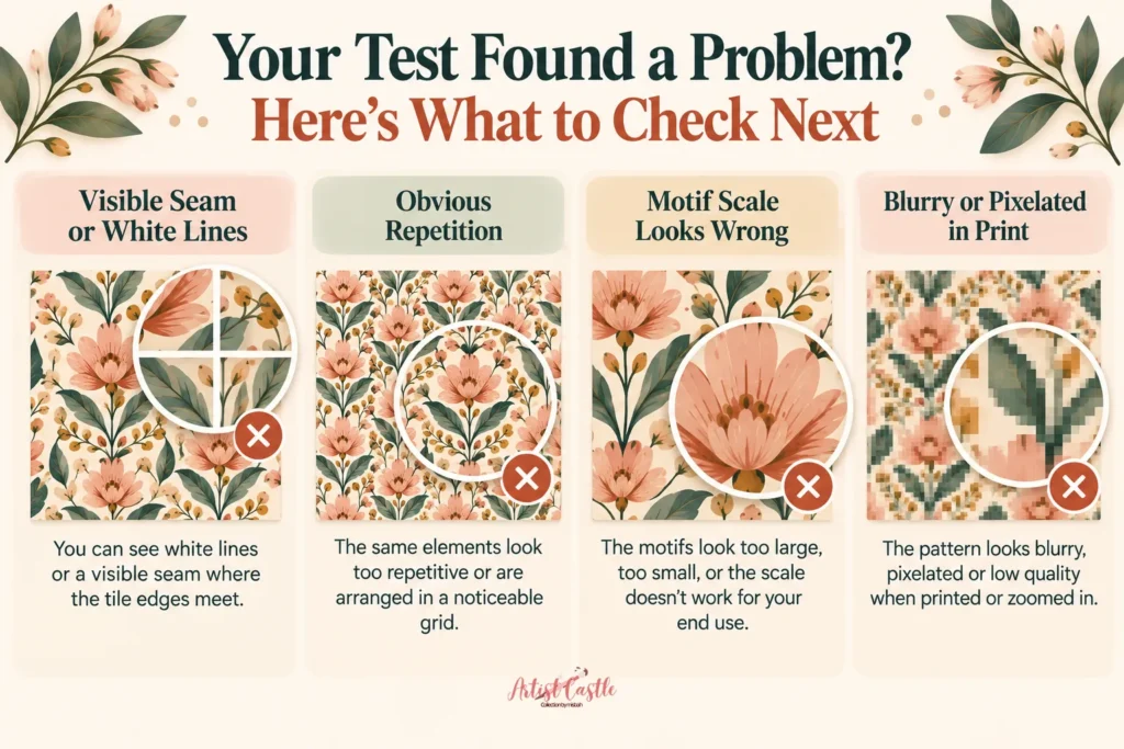 Common seamless pattern test problems including seams, repetition, scale and print quality