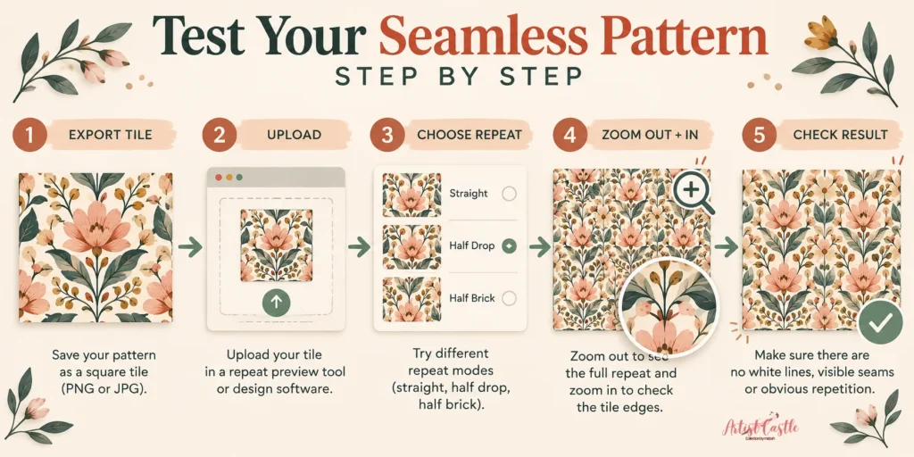 Steps to test a seamless pattern before printing or uploading
