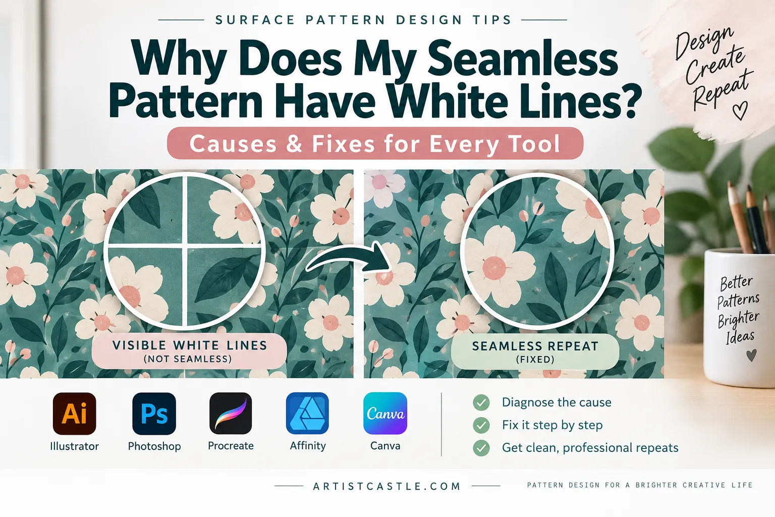 White lines in a seamless floral pattern compared with a corrected seamless repeat.