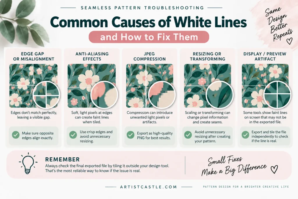 Common causes of white lines in seamless patterns including edge gaps, anti-aliasing, JPEG compression and resizing.