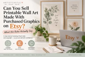 Printable wall art and licensed graphics guide explaining Etsy selling rules, licensing and copyright