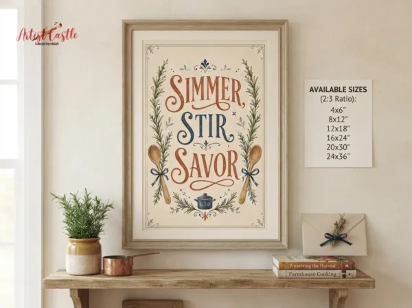 Simmer Stir Savor digital wall art download shown as framed kitchen decor