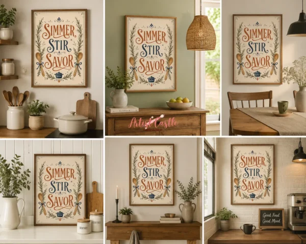 Simmer Stir Savor kitchen print featuring wooden spoons, rosemary and vintage lettering