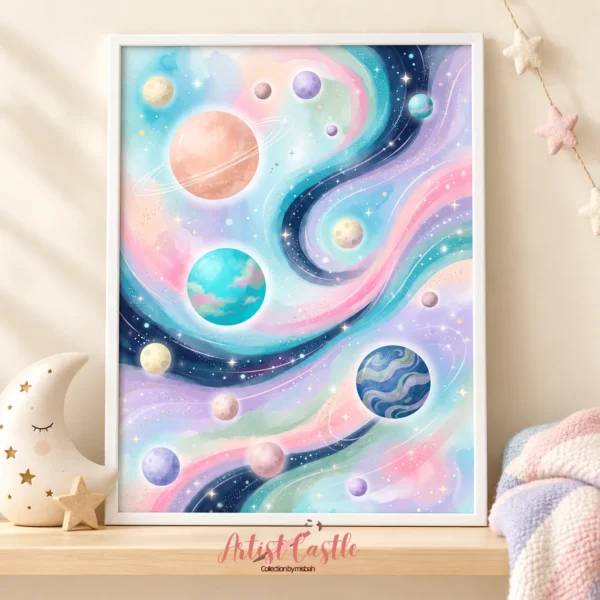Pastel galaxy wall-art set displayed on shelf furniture in a child’s bedroom