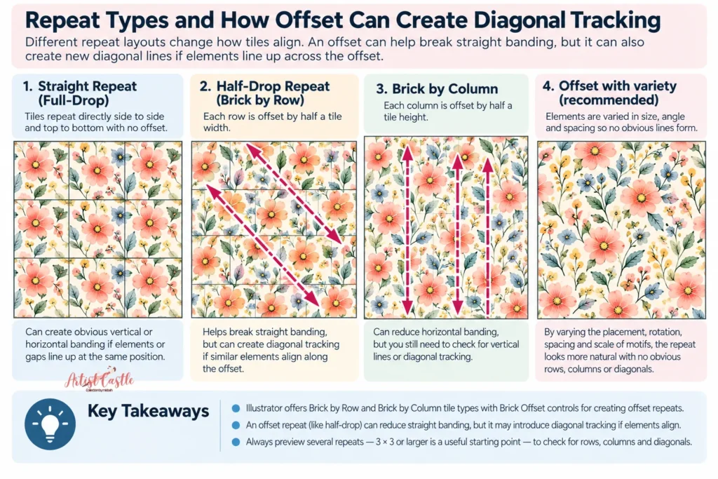 Straight repeat and half-drop repeat comparison showing how offset placement changes motif alignment across a seamless pattern