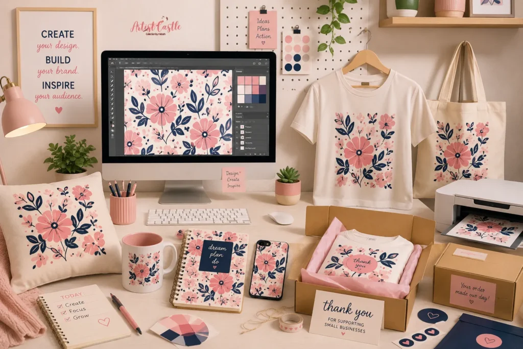 Surface pattern design applied to print-on-demand products including a T-shirt, tote bag, mug, notebook, cushion and phone case