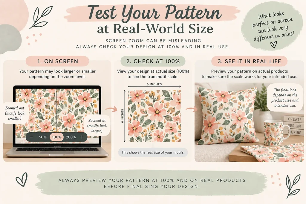How to test pattern motif scale at actual size and preview it on real products before printing