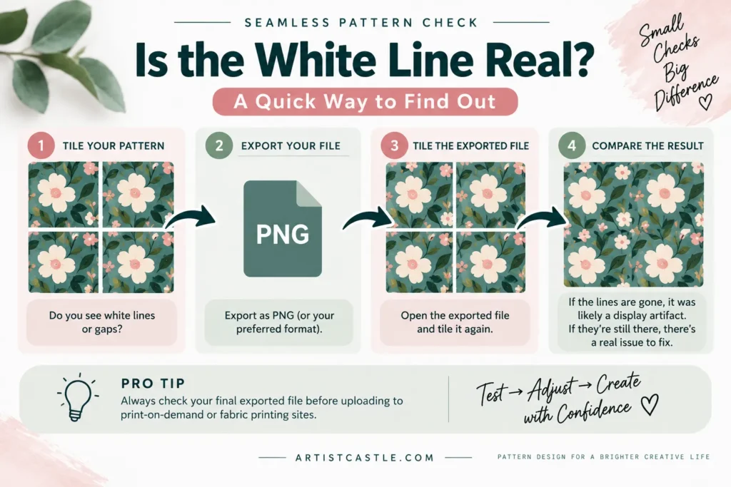 Four-step test to check whether white lines in a seamless pattern remain after export.