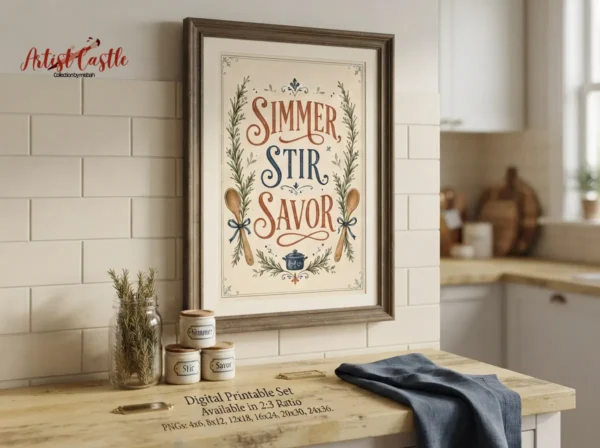 Vintage culinary wall art with herbs, wooden spoons and decorative kitchen typography For the actual artwork file, I'd rename it: ArtistCastle-Simmer-Stir-Savor-Kitchen-Wall-Art-300DPI.png That is much cleaner than the current technical filename. 5. ETSY LISTING SEO For Etsy, I wouldn't simply copy your website title. Etsy title Simmer Stir Savor Kitchen Wall Art: Vintage Printable Kitchen Decor It immediately tells the shopper the quote, product and style without turning the title into a keyword dump. 13 Etsy tags Copy/paste: kitchen wall art, simmer stir savor, kitchen quote print, vintage kitchen art, printable kitchen, farmhouse kitchen, kitchen wall decor, rustic kitchen art, cooking wall art, culinary wall art, dining room print, cottage kitchen art, digital kitchen art These give us a mixture of product + style + quote + room + intent rather than repeating “kitchen printable” thirteen different ways. Etsy category Choose the most specific available category under: Home & Living → Home Decor → Wall Decor → Digital Prints Etsy sometimes changes the exact category labels shown in the listing editor, so choose the closest digital wall-art/print subcategory available rather than forcing a category that isn't shown. Etsy attributes For the fields Etsy actually presents, I'd use: Orientation: Vertical/Portrait Primary colour: Beige/Cream Secondary colour: Orange/Rust (or closest available) Room: Kitchen / Dining Room Style: Vintage / Farmhouse where offered Subject: Quotes & Sayings / Food & Drink where offered Don't select an attribute just for SEO if it doesn't accurately describe the artwork. 6. ETSY DESCRIPTION Bring warmth and character to your kitchen with this Simmer Stir Savor kitchen wall art printable. Featuring vintage-inspired typography surrounded by rosemary-style botanicals, wooden spoons and charming culinary details, this printable kitchen artwork celebrates the simple pleasure of preparing and enjoying good food. Its warm cream, terracotta, navy and botanical palette works beautifully with vintage, farmhouse, rustic and cottage-inspired kitchen interiors. WHAT YOU WILL RECEIVE Your purchase includes high-resolution 300 DPI digital artwork in a 2:3 ratio, ready to print in: • 24 × 36 inches • 20 × 30 inches • 16 × 24 inches • 12 × 18 inches • 8 × 12 inches • 4 × 6 inches HOW TO DOWNLOAD After completing your purchase: Download the PDF supplied with your Etsy purchase. Open the link provided inside the PDF. Access and download your high-resolution artwork files. Choose your preferred size, print and frame. HOW TO PRINT Print your artwork: • At home • At a local print shop • Through an online printing service For best results, quality matte or fine-art paper is recommended. PERFECT FOR Kitchen walls • Dining rooms • Breakfast nooks • Farmhouse kitchens • Cottage kitchens • Rustic interiors • Kitchen gallery walls • Cooking lovers It can also make a lovely printable housewarming gift for someone who loves cooking and kitchen decor. PLEASE NOTE This is a DIGITAL DOWNLOAD only. No physical product will be shipped. Frames, furniture and decorative accessories shown in listing mockups are for presentation purposes only. Colors may vary slightly between your screen and printed artwork because of differences in monitors, printers, inks and paper. PERSONAL USE This purchase is intended for personal use. Please do not resell, redistribute or share the digital files. © ArtistCastle — Collection by Misbah 7. ETSY PRIMARY IMAGE / LISTING ORDER For this particular design, I'd use your strongest kitchen-room mockup as image #1, rather than the bare artwork. The artwork has a lot of fine decorative detail, so showing it framed gives buyers instant context. Then: Hero mockup → second lifestyle mockup → What's Included → artwork close-up → size guide → How It Works → another mockup → digital-download information And I'd keep the listing graphics visually consistent with the Bon Appétit listing so the two start looking like an intentional ArtistCastle kitchen collection rather than unrelated products. now make mockups in different scens and rooms that fit the wall art. keep walla rt original Edit