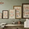 Vintage kitchen wall art printable displayed as framed decor in a cozy kitchen