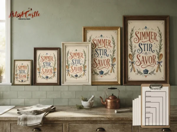 Vintage kitchen wall art printable displayed as framed decor in a cozy kitchen