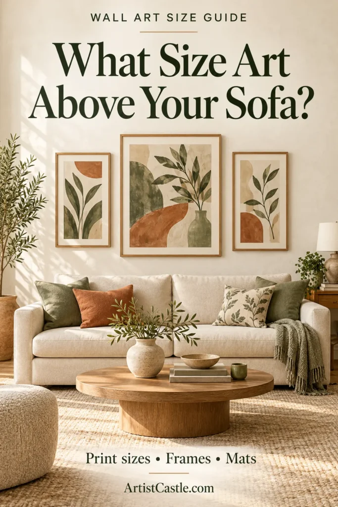 Botanical artwork above a cream sofa with the heading “What Size Art Above Your Sofa?”