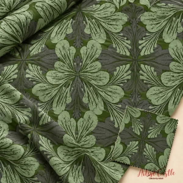 Olive green floral seamless pattern shown on fabric and textile swatch