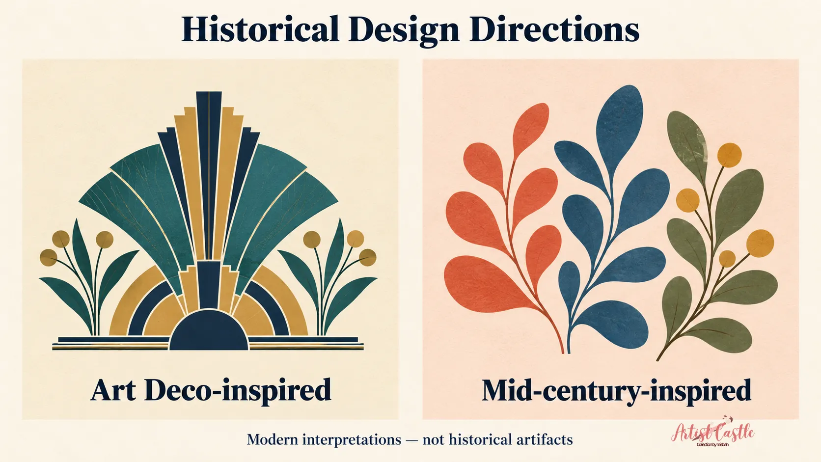 Art Deco-inspired fan with stepped forms beside mid-century-inspired branches with rounded colorful leaves.