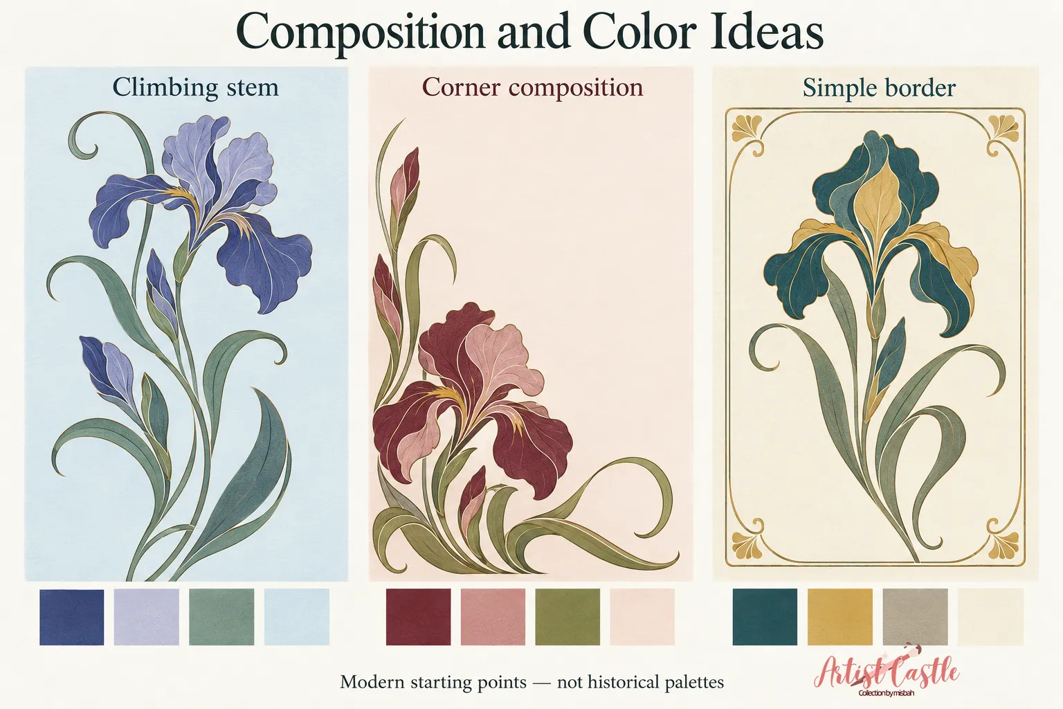 Three modern iris compositions: climbing stem, corner arrangement, and decorative border, each with color swatches.