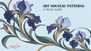 Indigo and lavender irises with sweeping curved stems on a pale blue background.