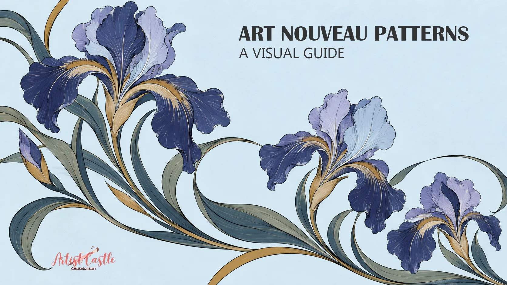 Indigo and lavender irises with sweeping curved stems on a pale blue background.