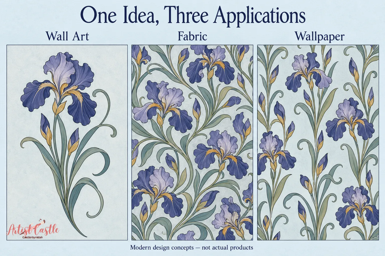 Iris design concepts for wall art, fabric, and wallpaper, comparing focal placement, density, and spacing.