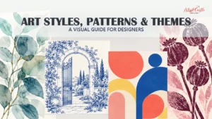 Watercolor leaves, a blue architectural line drawing, colorful geometric shapes, and textured botanical seed pods.