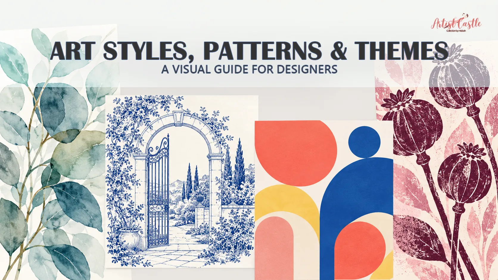 Watercolor leaves, a blue architectural line drawing, colorful geometric shapes, and textured botanical seed pods.