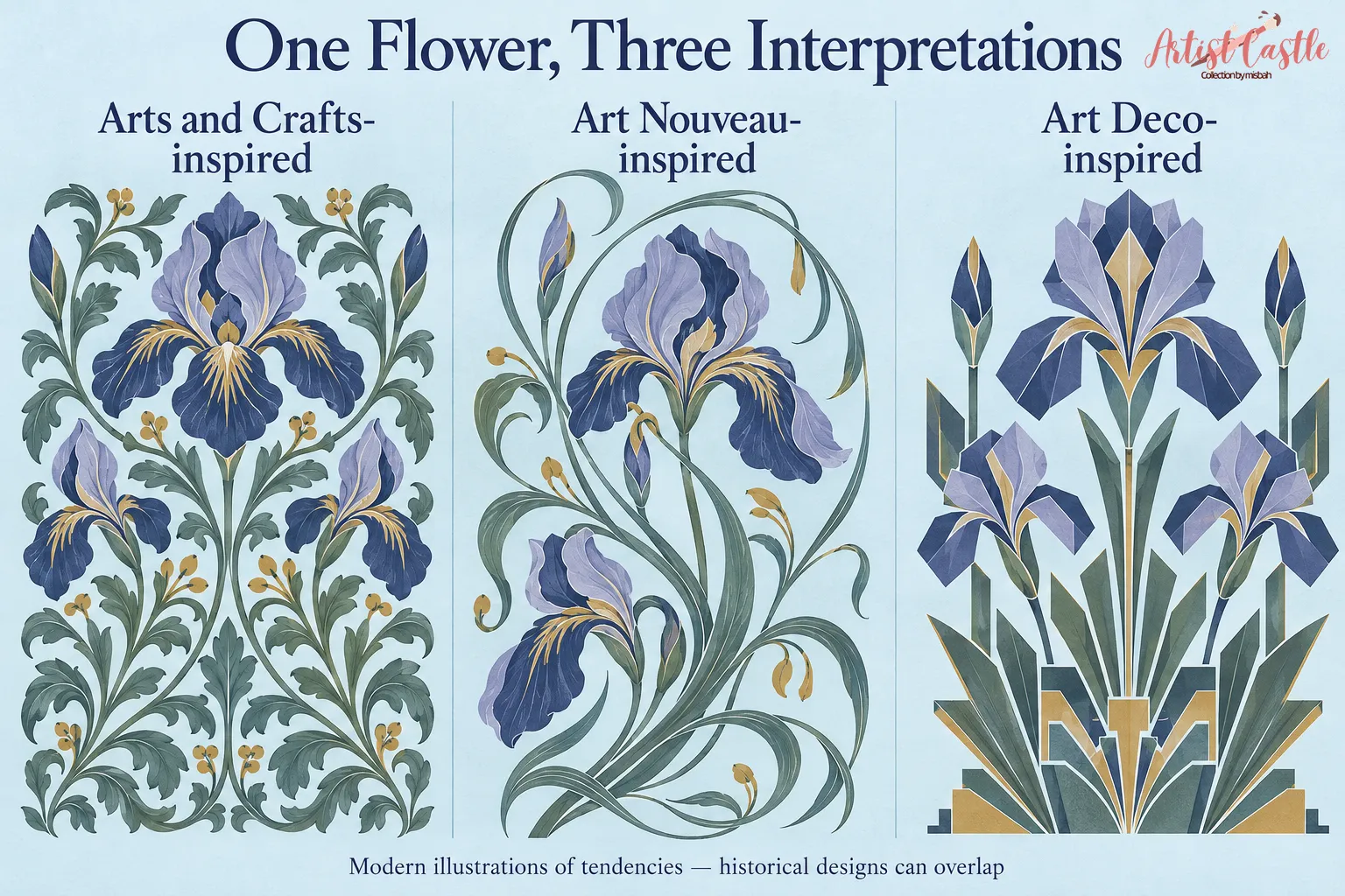 Modern iris designs with structured foliage, flowing Art Nouveau-inspired stems, and angular Art Deco-inspired petals.