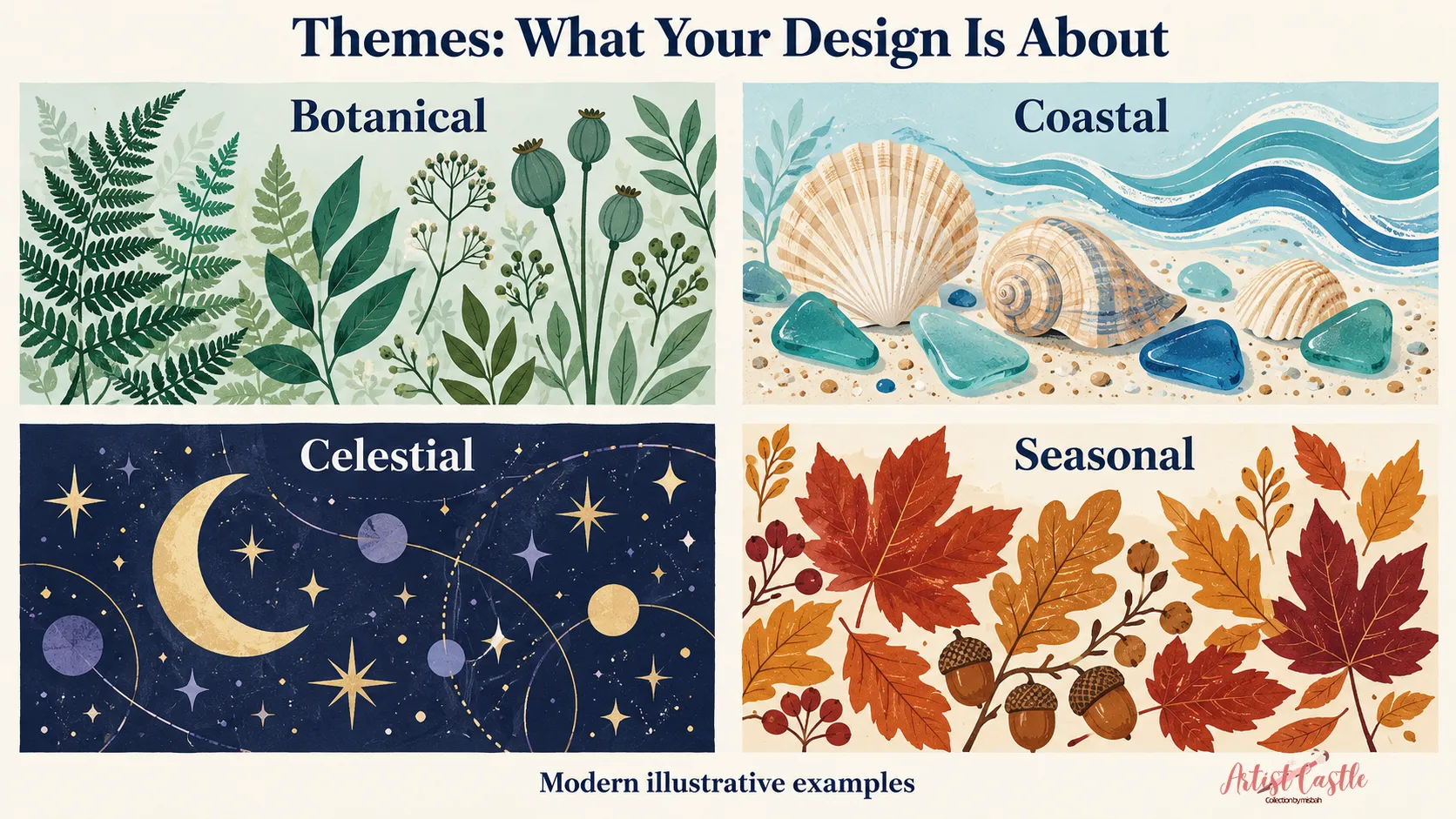 Four theme examples showing leafy plants, shells and waves, a crescent moon and stars, and autumn leaves.