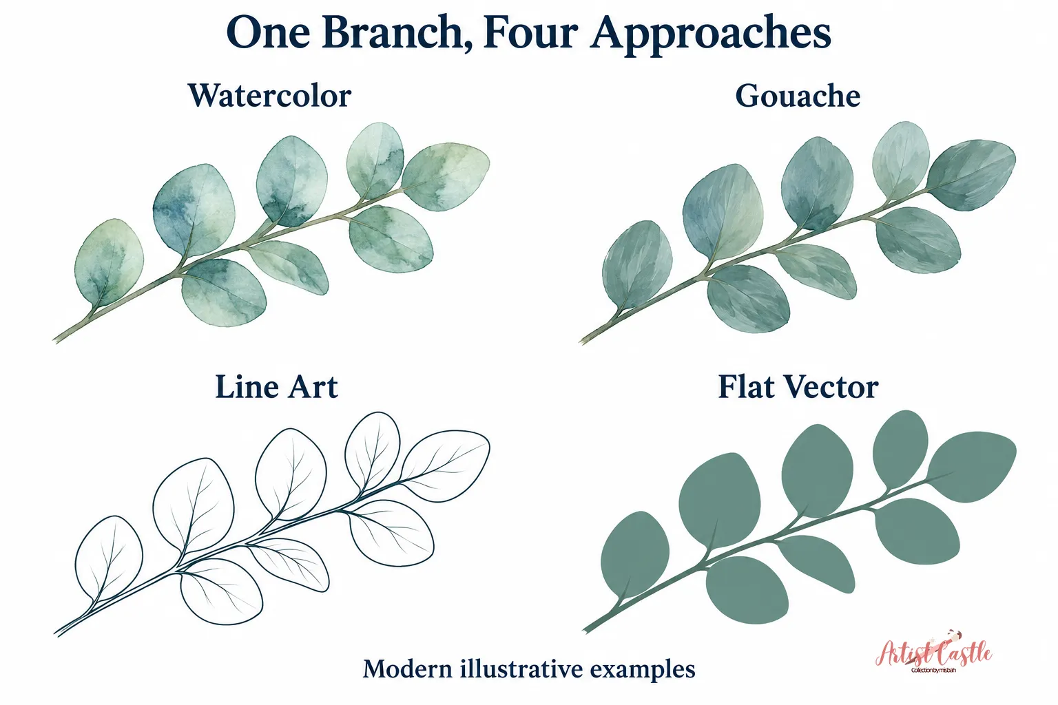 Eucalyptus sprig illustrated with watercolor washes, opaque gouache, line outlines, and flat vector-style shapes.