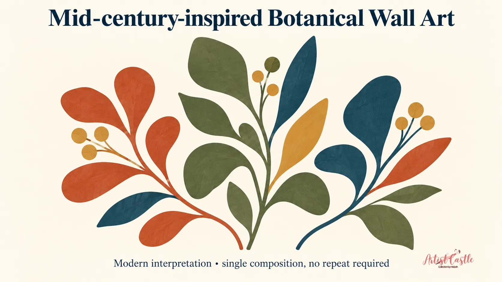 Simplified botanical branches with rounded leaves in vermilion, petrol blue, olive, and ochre.