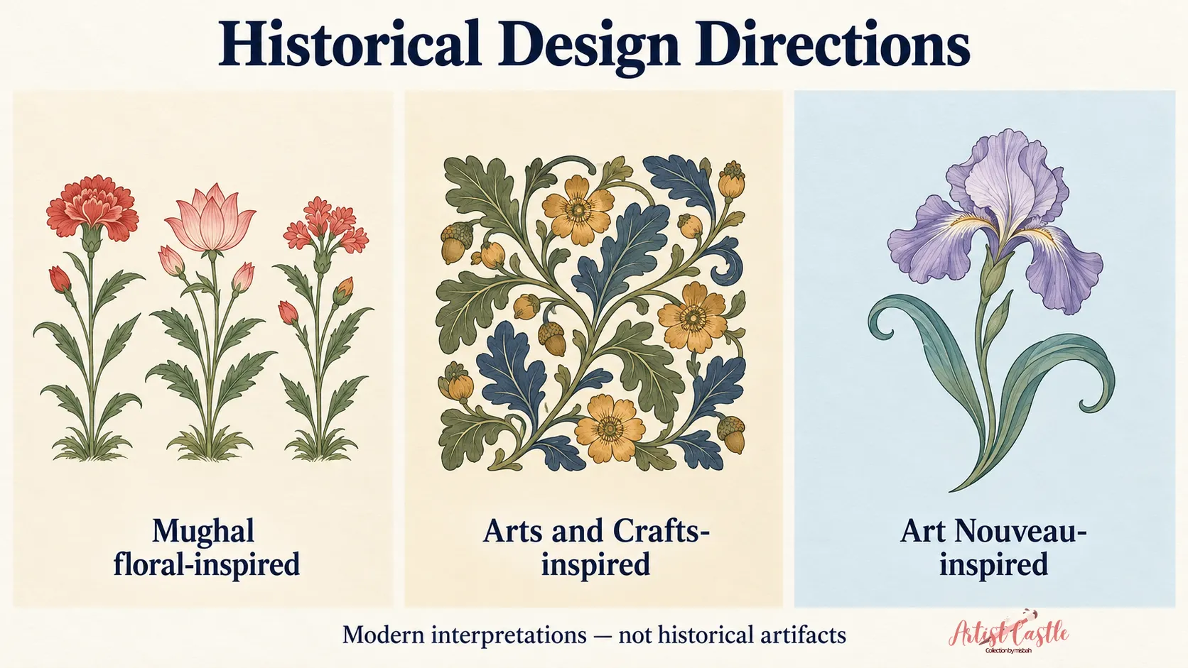 Modern interpretations showing formally arranged flowering plants, interlacing decorative foliage, and an iris with sweeping curved leaves.