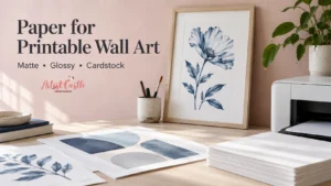 Printing workspace with framed blue botanical artwork, paper sheets, and a desktop printer