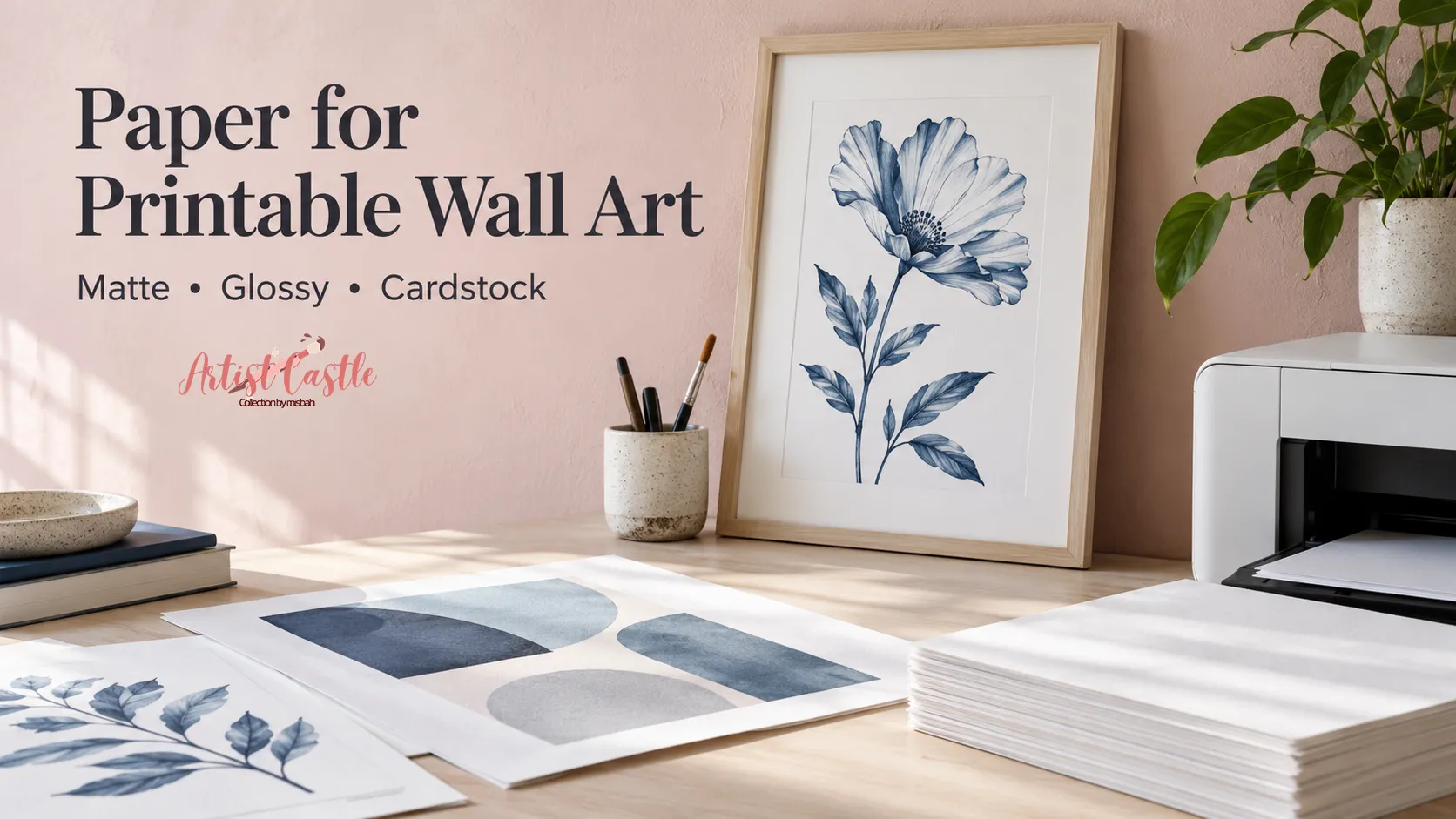 Printing workspace with framed blue botanical artwork, paper sheets, and a desktop printer