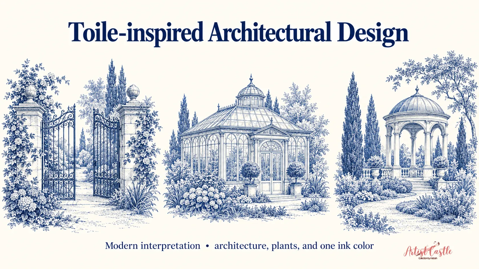 Cobalt-blue garden scenes showing an ornate gate, glass conservatory, and pavilion on an ivory background.