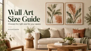 Wall Art Size Guide cover featuring botanical prints above a cream sofa in a warm, neutral living room.