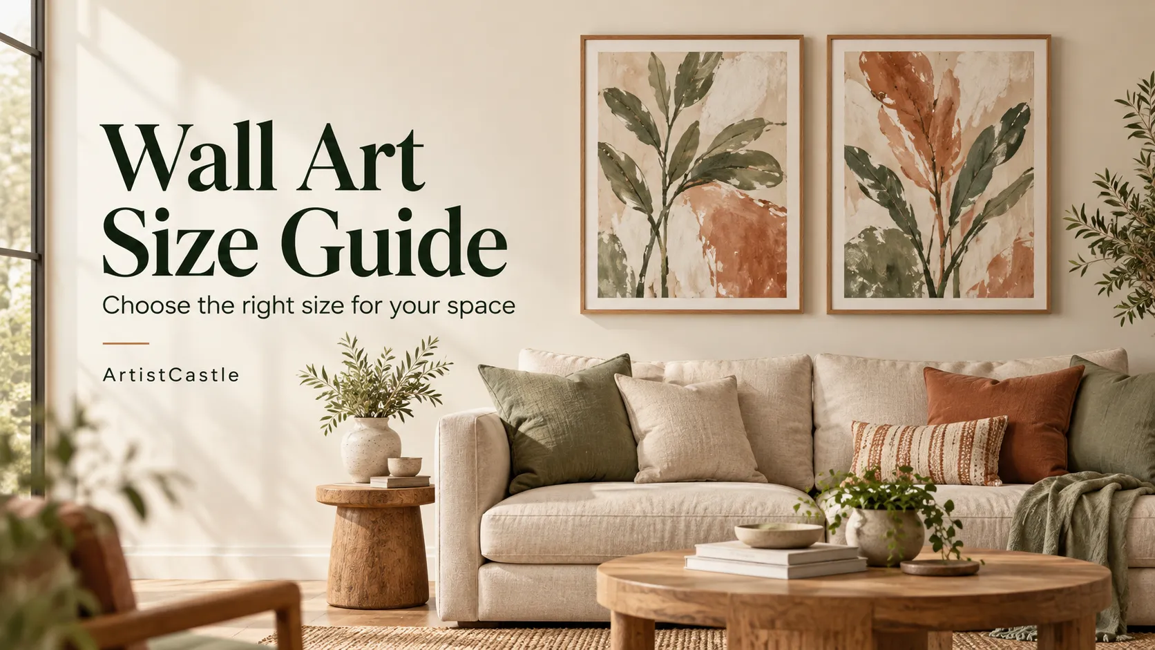 Wall Art Size Guide cover featuring botanical prints above a cream sofa in a warm, neutral living room.