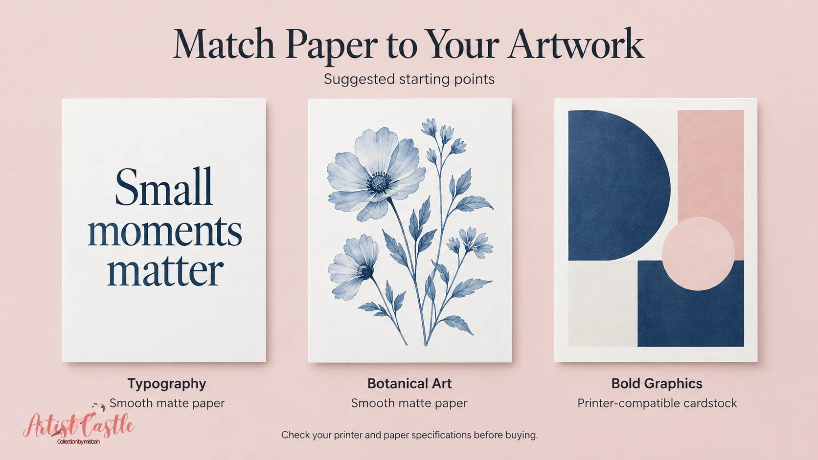 Typography and botanical art paired with smooth matte paper, and bold graphics paired with printer-compatible cardstock